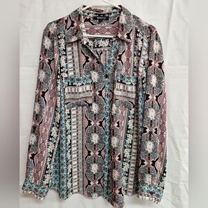 Relativity Paisley-Striped Button Front Blouse in Aqua, Black and Pink
